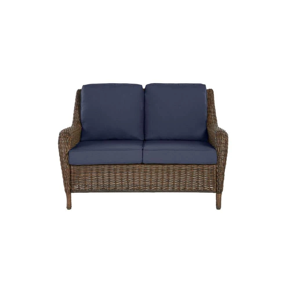 Hampton Bay Cambridge Brown Wicker Outdoor Patio Loveseat with CushionGuard Midnight Navy Blue Cushions 1 Hampton Bay Cambridge Brown Wicker Outdoor Patio Loveseat with CushionGuard Midnight Navy Blue Cushions