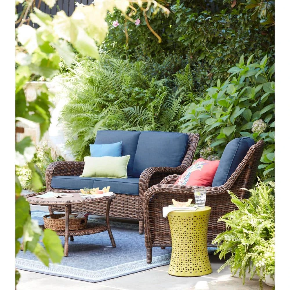 Hampton Bay Cambridge Brown Wicker Outdoor Patio Loveseat with CushionGuard Midnight Navy Blue Cushions 2 Hampton Bay Cambridge Brown Wicker Outdoor Patio Loveseat with CushionGuard Midnight Navy Blue Cushions - Image 2