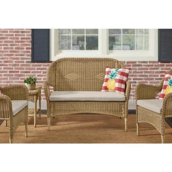Hampton Bay Rosemont Light Brown Steel Wicker Outdoor Patio Loveseat with Putty Tan Cushion 1 Hampton Bay Rosemont Light Brown Steel Wicker Outdoor Patio Loveseat with Putty Tan Cushion