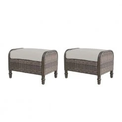 Hampton Bay Windsor Brown Wicker Outdoor Patio Ottoman with CushionGuard Biscuit Tan Cushions (2-Pack)