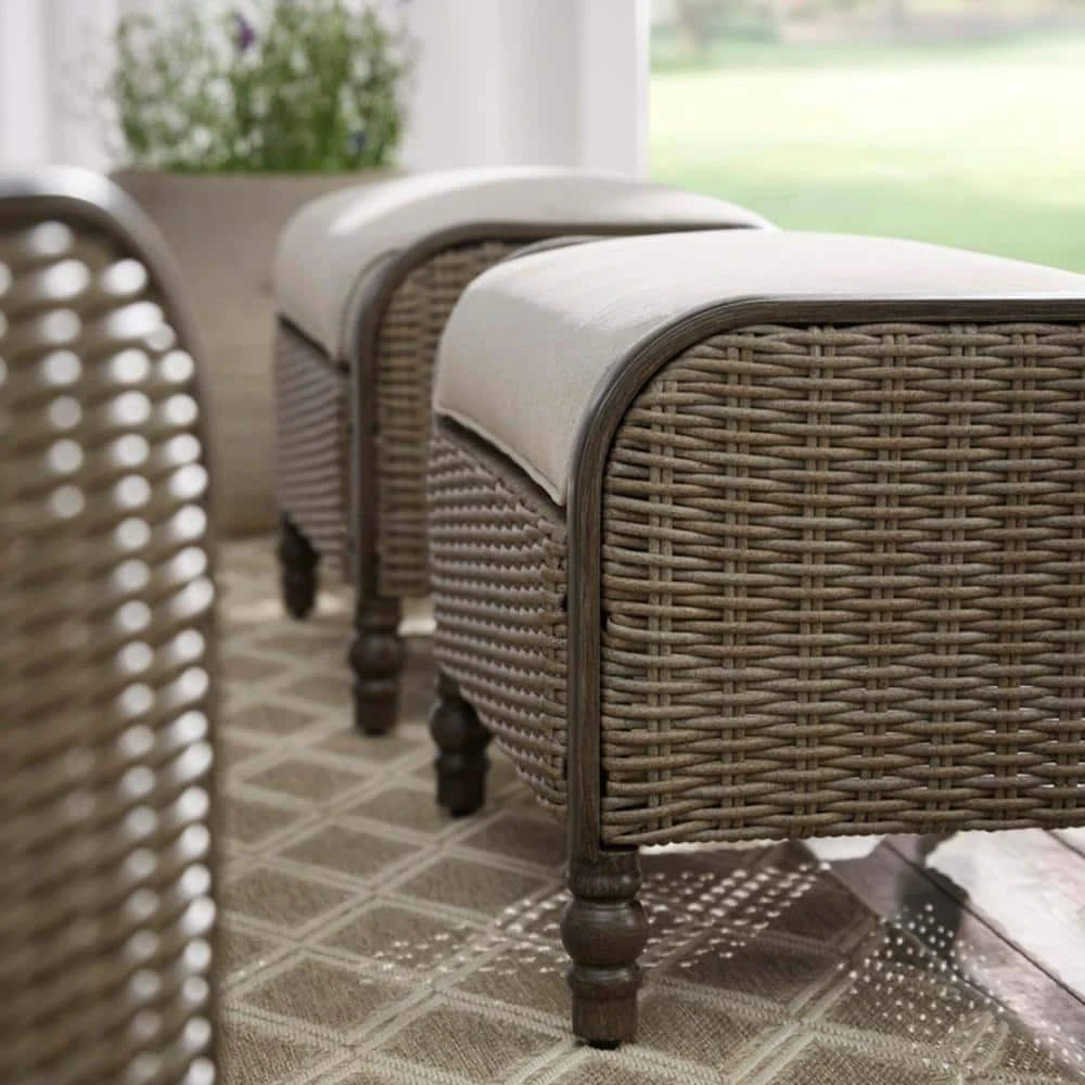 Hampton Bay Windsor Brown Wicker Outdoor Patio Ottoman with CushionGuard Biscuit Tan Cushions (2-Pack) 2 Hampton Bay Windsor Brown Wicker Outdoor Patio Ottoman with CushionGuard Biscuit Tan Cushions (2-Pack) - Image 2