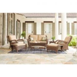 Hampton Bay Beacon Park Brown Wicker Outdoor Patio Ottoman with CushionGuard Toffee Trellis Tan Cushions -Hampton Bay Shop hampton bay outdoor ottomans frs80812cf a0 1000
