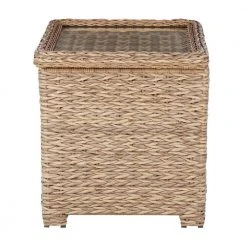 Hampton Bay Laguna Point Natural Tan Wicker Square Outdoor Patio Side Table with Captured Glass Top