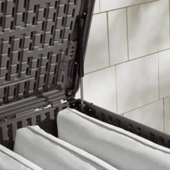 Hampton Bay 110 Gal. Brown Resin Wood Look Outdoor Storage Deck Box with Lockable Lid -Hampton Bay Shop java brown hampton bay deck boxes hbdb110wljgs sl a0 1000