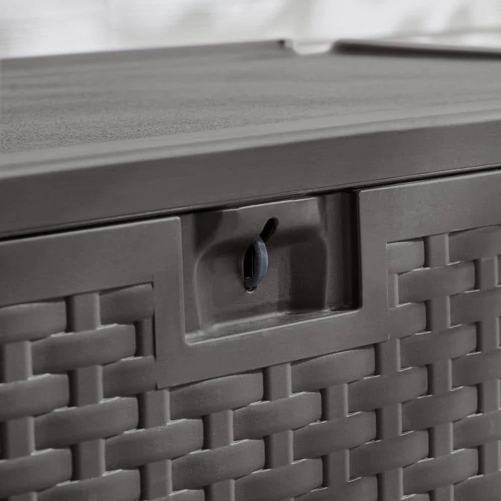 Hampton Bay 73 Gal. Brown Resin Wicker Outdoor Storage Deck Box with Lockable Lid 4 Hampton Bay 73 Gal. Brown Resin Wicker Outdoor Storage Deck Box with Lockable Lid - Image 4