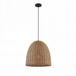 Hampton Bay Highler 1-Light Matte Black Island Pendant with Natural Rattan Shade