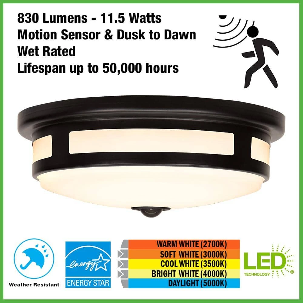 Hampton Bay Greenhaven 11 in. 1-Light Black Motion Sensing LED Outdoor Flush Mount Light Color Selectable Ceiling Light 830 Lumens 2 Hampton Bay Greenhaven 11 in. 1-Light Black Motion Sensing LED Outdoor Flush Mount Light Color Selectable Ceiling Light 830 Lumens - Image 2