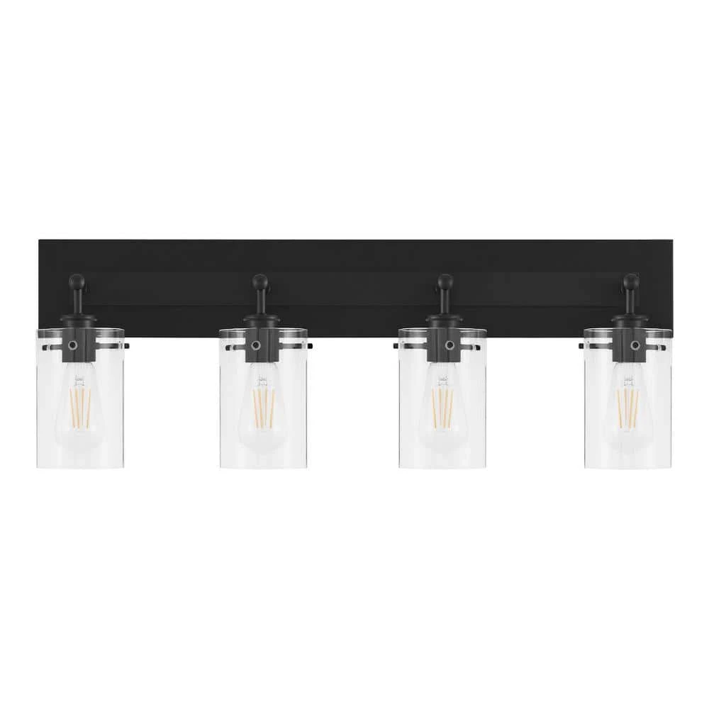 Hampton Bay Regan 29.25 in. 4-Light Matte Black Bathroom Vanity Light with Clear Glass Shades 1 Hampton Bay Regan 29.25 in. 4-Light Matte Black Bathroom Vanity Light with Clear Glass Shades