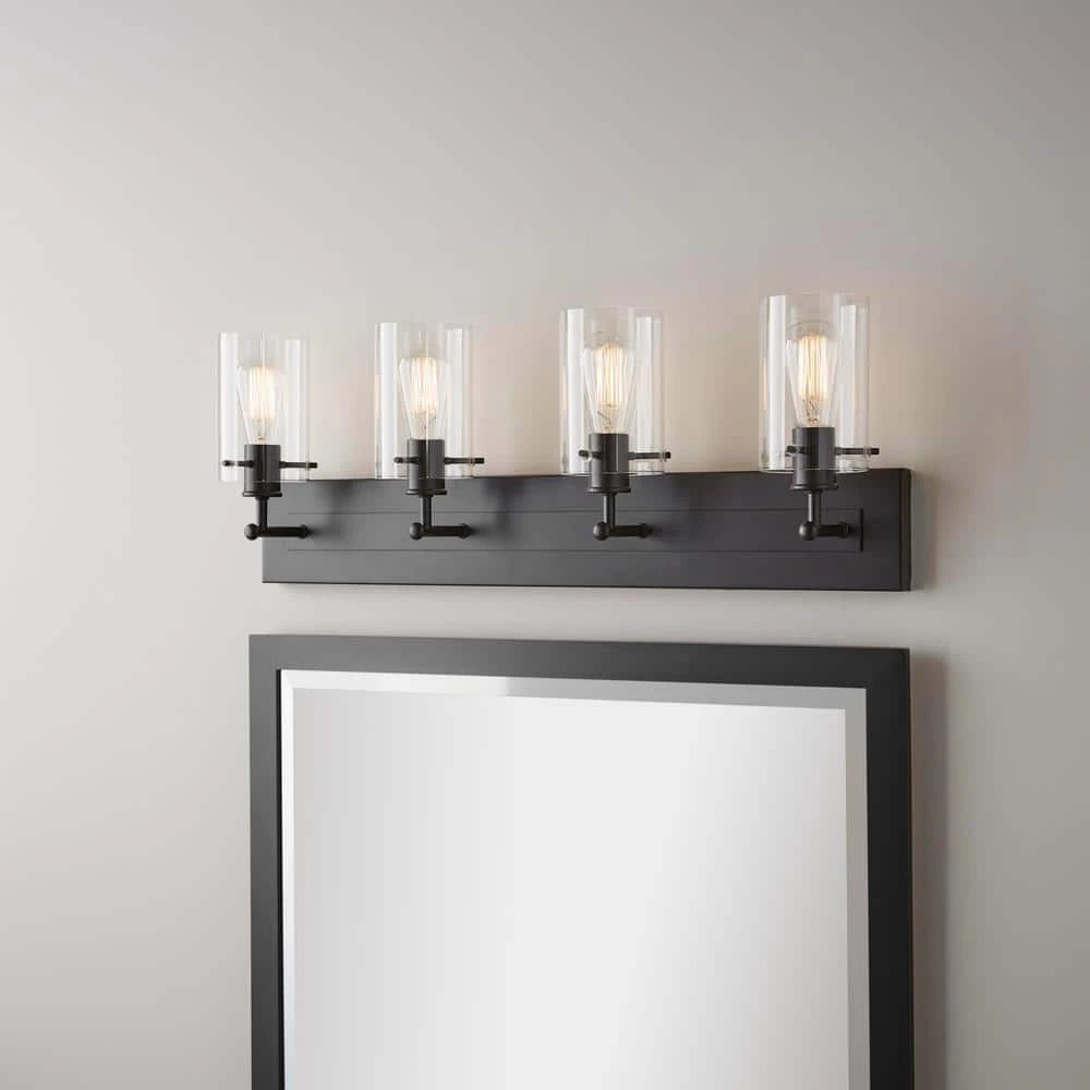 Hampton Bay Regan 29.25 in. 4-Light Matte Black Bathroom Vanity Light with Clear Glass Shades 7 Hampton Bay Regan 29.25 in. 4-Light Matte Black Bathroom Vanity Light with Clear Glass Shades - Image 7