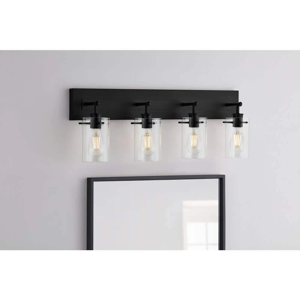Hampton Bay Regan 29.25 in. 4-Light Matte Black Bathroom Vanity Light with Clear Glass Shades 2 Hampton Bay Regan 29.25 in. 4-Light Matte Black Bathroom Vanity Light with Clear Glass Shades - Image 2