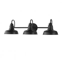 Hampton Bay Elmcroft 29 in. 3-Light Matte Black Modern Farmhouse Bathroom Vanity Light with Metal Shades