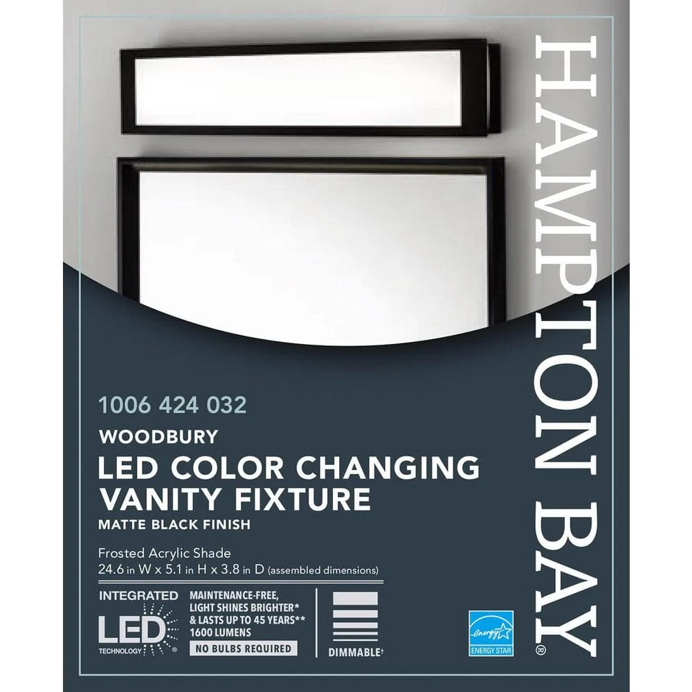 Hampton Bay Woodbury 24.6 in. 1-Light Matte Black Integrated LED Bathroom Vanity Light Bar with Frosted Acrylic Shade 8 Hampton Bay Woodbury 24.6 in. 1-Light Matte Black Integrated LED Bathroom Vanity Light Bar with Frosted Acrylic Shade - Image 8
