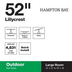 Hampton Bay Lillycrest 52 in. Indoor/Outdoor Matte White Ceiling Fan with Downrod and Reversible Motor; Light Kit Adaptable -Hampton Bay Shop matte white hampton bay ceiling fans without lights 32718 40 1000