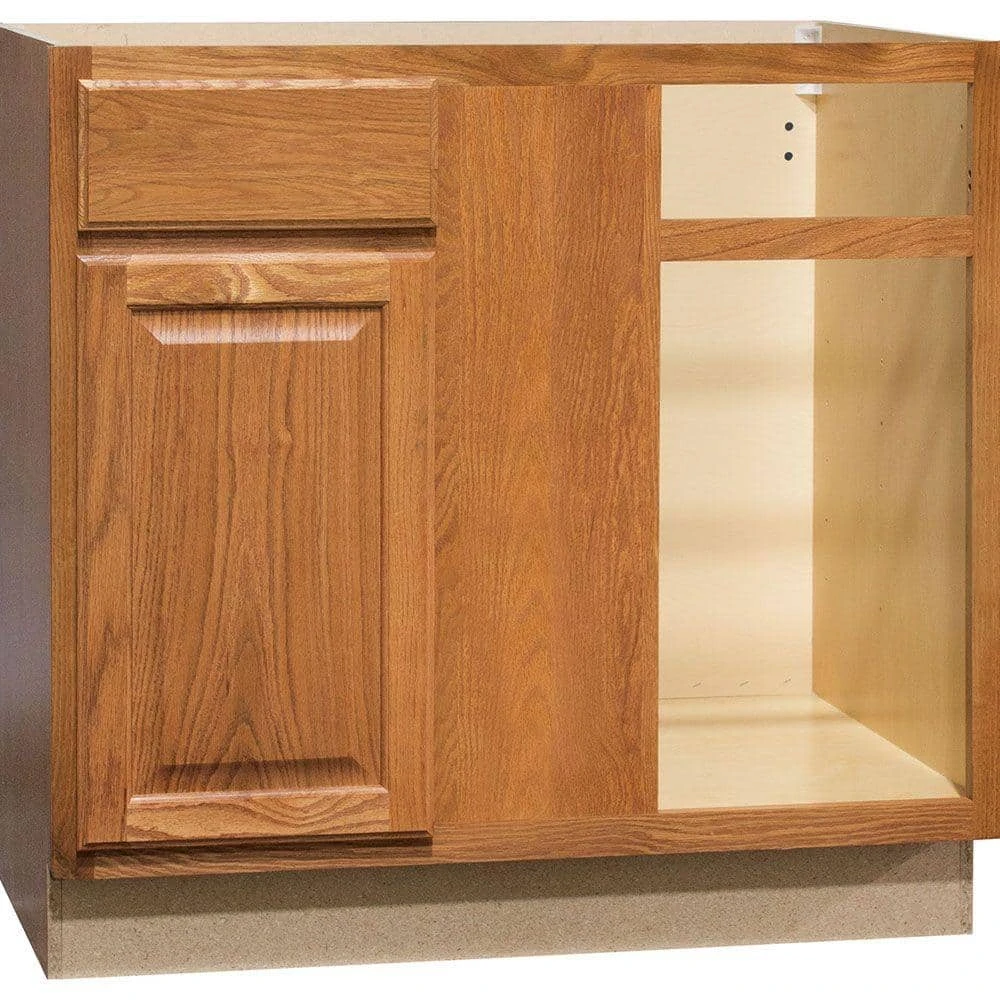 Hampton Bay Hampton Assembled 36x34.5x24 in. Blind Base Corner Kitchen Cabinet in Medium Oak 1 Hampton Bay Hampton Assembled 36x34.5x24 in. Blind Base Corner Kitchen Cabinet in Medium Oak