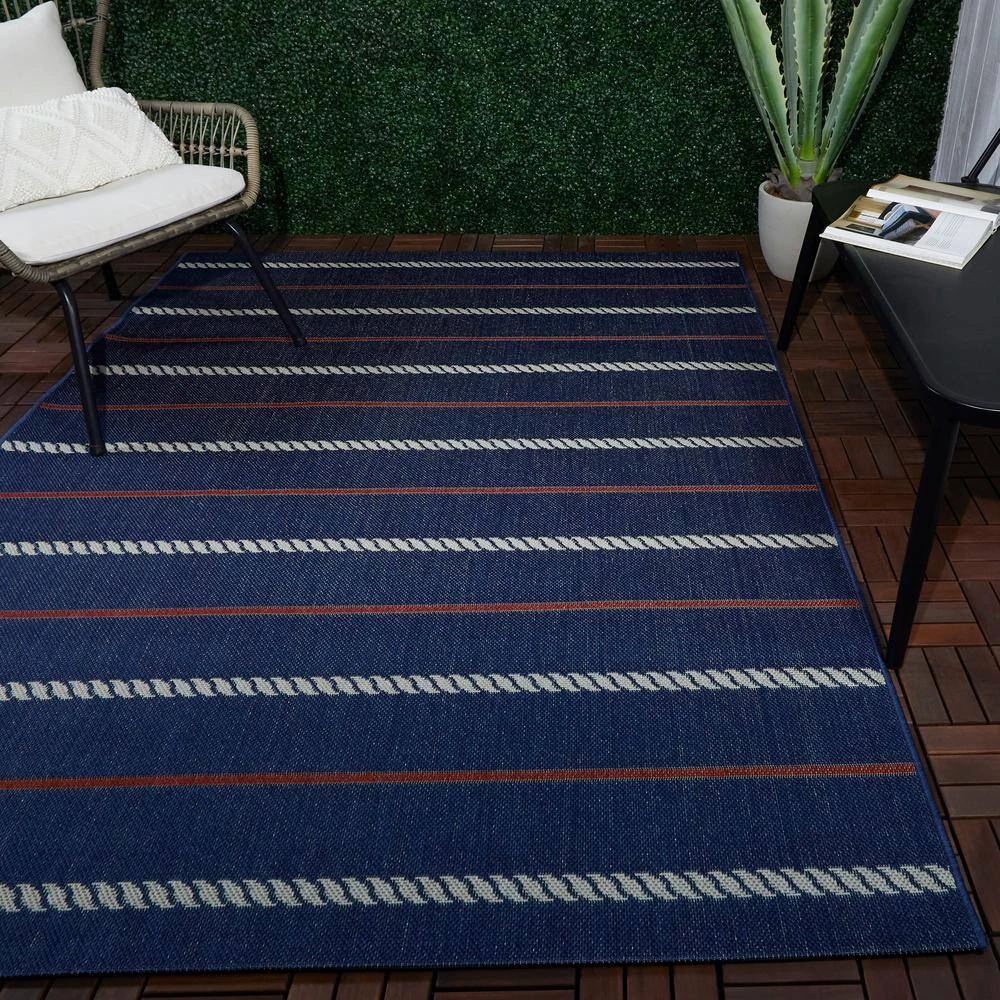 Hampton Bay Stripes Navy 5 ft. 3 in. x 7 ft. Indoor/Outdoor Area Rug 8 Hampton Bay Stripes Navy 5 ft. 3 in. x 7 ft. Indoor/Outdoor Area Rug - Image 8