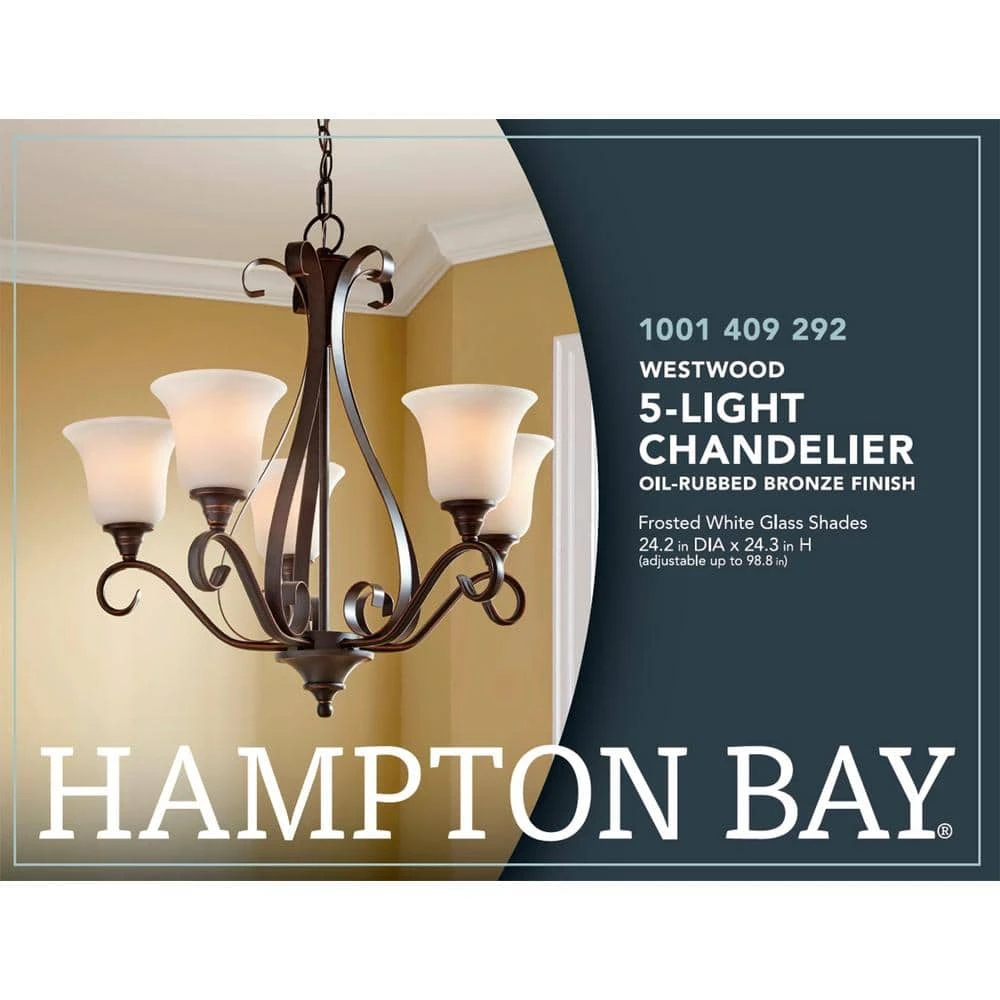 Hampton Bay Westwood 5-Light Oil-Rubbed Bronze Chandelier with Frosted White Glass Shades 15 Hampton Bay Westwood 5-Light Oil-Rubbed Bronze Chandelier with Frosted White Glass Shades - Image 15
