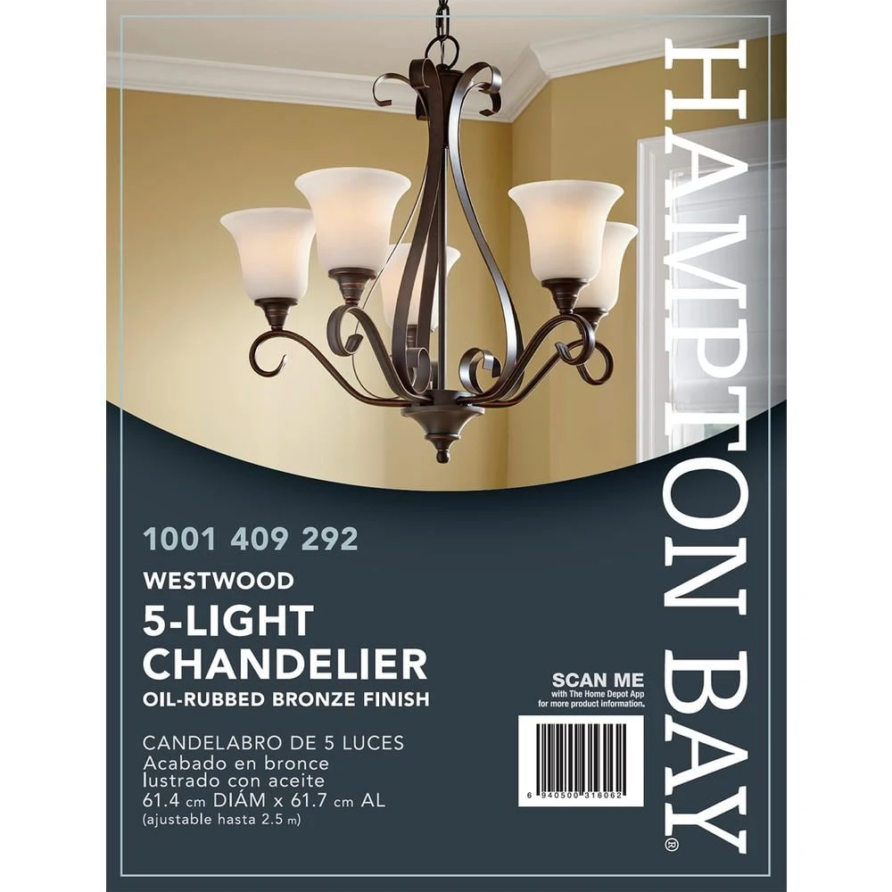 Hampton Bay Westwood 5-Light Oil-Rubbed Bronze Chandelier with Frosted White Glass Shades 9 Hampton Bay Westwood 5-Light Oil-Rubbed Bronze Chandelier with Frosted White Glass Shades - Image 9