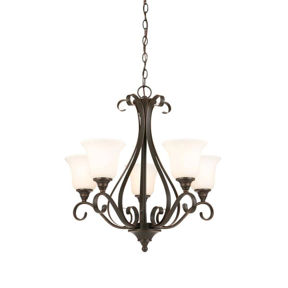 Hampton Bay Westwood 5-Light Oil-Rubbed Bronze Chandelier with Frosted White Glass Shades 1 Hampton Bay Westwood 5-Light Oil-Rubbed Bronze Chandelier with Frosted White Glass Shades