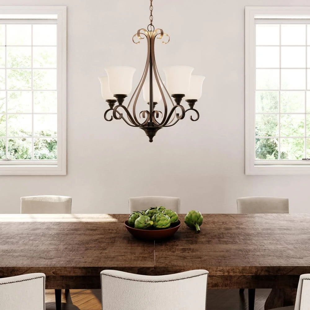Hampton Bay Westwood 5-Light Oil-Rubbed Bronze Chandelier with Frosted White Glass Shades 8 Hampton Bay Westwood 5-Light Oil-Rubbed Bronze Chandelier with Frosted White Glass Shades - Image 8
