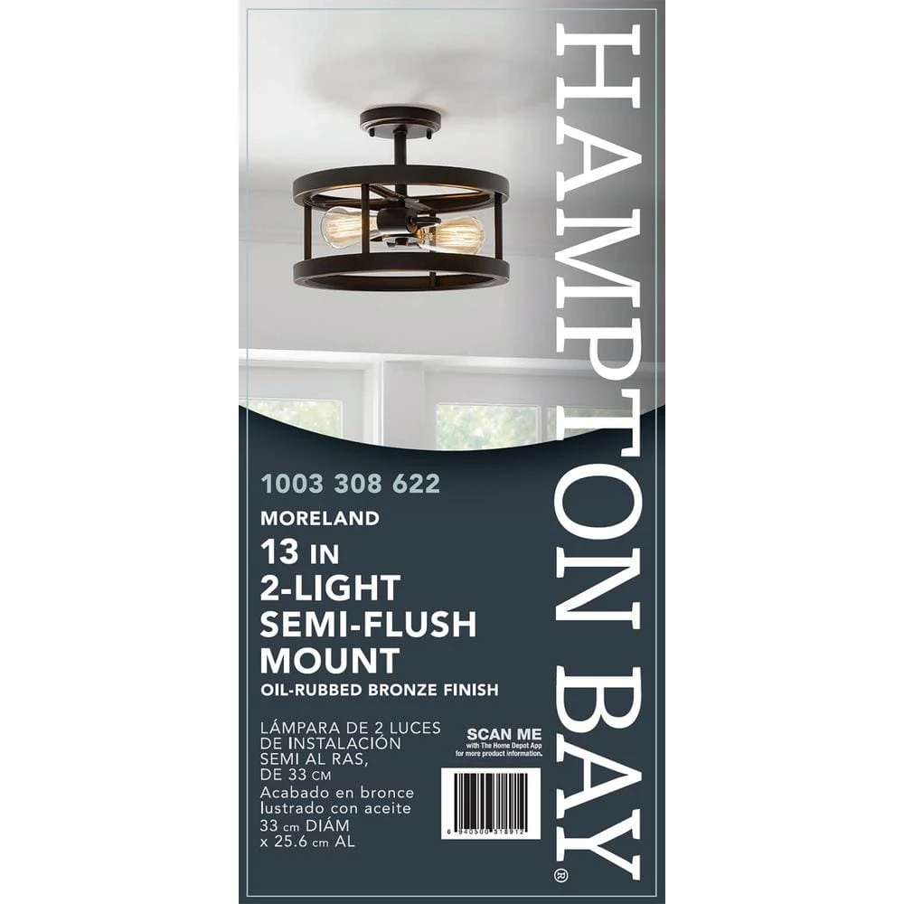 Hampton Bay Moreland 13 in. 2-Light Oil-Rubbed Bronze Semi-Flush Mount 5 Hampton Bay Moreland 13 in. 2-Light Oil-Rubbed Bronze Semi-Flush Mount - Image 5