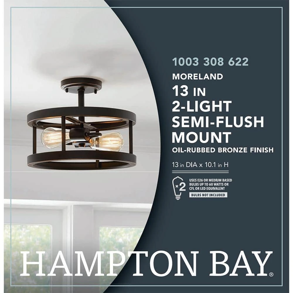 Hampton Bay Moreland 13 in. 2-Light Oil-Rubbed Bronze Semi-Flush Mount 4 Hampton Bay Moreland 13 in. 2-Light Oil-Rubbed Bronze Semi-Flush Mount - Image 4