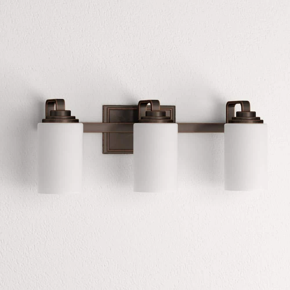 Hampton Bay 3-Light 21 in. Oil-Rubbed Bronze Contemporary Bathroom Vanity Light with Frosted Patterned Glass Shade 9 Hampton Bay 3-Light 21 in. Oil-Rubbed Bronze Contemporary Bathroom Vanity Light with Frosted Patterned Glass Shade - Image 9