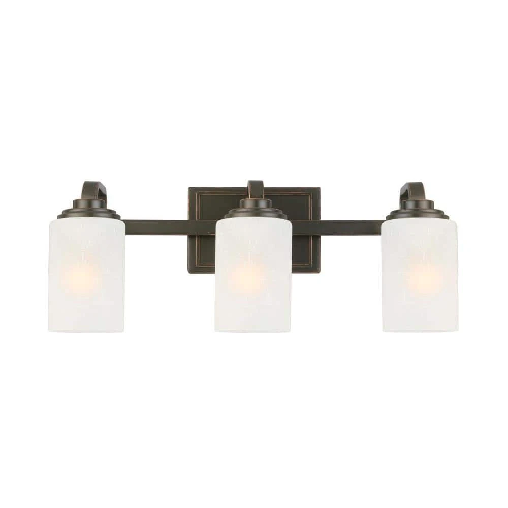 Hampton Bay 3-Light 21 in. Oil-Rubbed Bronze Contemporary Bathroom Vanity Light with Frosted Patterned Glass Shade 1 Hampton Bay 3-Light 21 in. Oil-Rubbed Bronze Contemporary Bathroom Vanity Light with Frosted Patterned Glass Shade