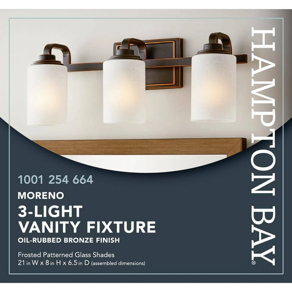 Hampton Bay 3-Light 21 in. Oil-Rubbed Bronze Contemporary Bathroom Vanity Light with Frosted Patterned Glass Shade 12 Hampton Bay 3-Light 21 in. Oil-Rubbed Bronze Contemporary Bathroom Vanity Light with Frosted Patterned Glass Shade - Image 12