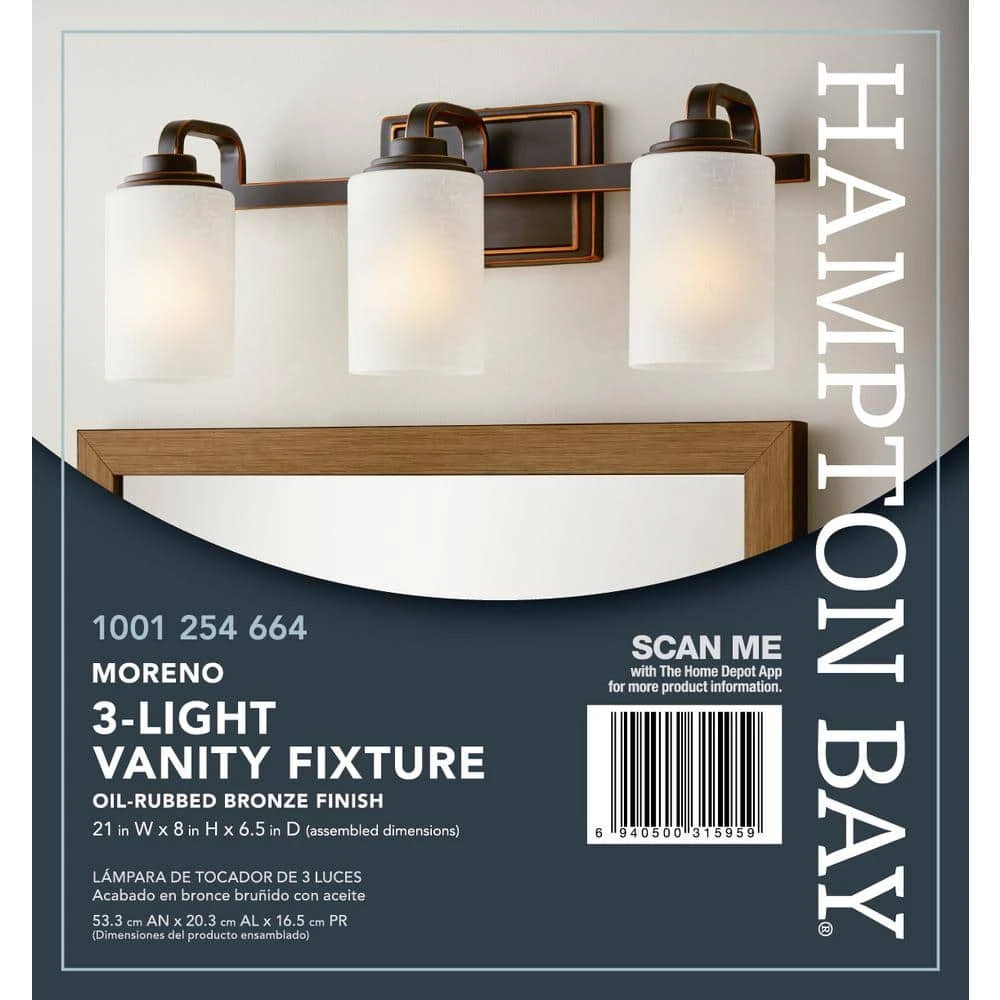 Hampton Bay 3-Light 21 in. Oil-Rubbed Bronze Contemporary Bathroom Vanity Light with Frosted Patterned Glass Shade 7 Hampton Bay 3-Light 21 in. Oil-Rubbed Bronze Contemporary Bathroom Vanity Light with Frosted Patterned Glass Shade - Image 7