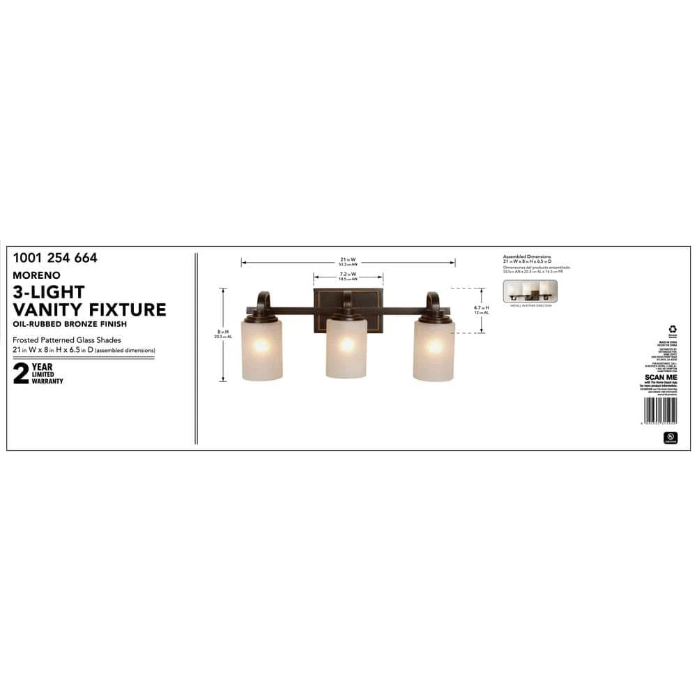 Hampton Bay 3-Light 21 in. Oil-Rubbed Bronze Contemporary Bathroom Vanity Light with Frosted Patterned Glass Shade 13 Hampton Bay 3-Light 21 in. Oil-Rubbed Bronze Contemporary Bathroom Vanity Light with Frosted Patterned Glass Shade - Image 13