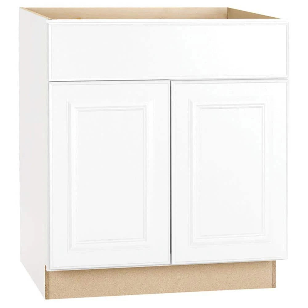 Hampton Bay Hampton Satin White Raised Panel Stock Assembled Base Kitchen Cabinet with Drawer Glides (30 in. x 34.5 in. x 24 in.) 1 Hampton Bay Hampton Satin White Raised Panel Stock Assembled Base Kitchen Cabinet with Drawer Glides (30 in. x 34.5 in. x 24 in.)