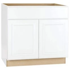 Hampton Bay Hampton Satin White Raised Panel Stock Assembled Sink Base Kitchen Cabinet (36 in. x 34.5 in. x 24 in.)