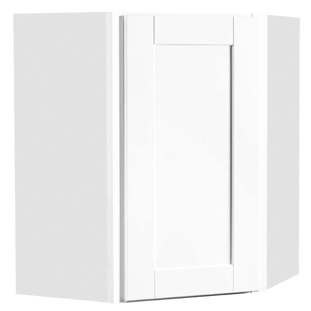 Hampton Bay Shaker Satin White Stock Assembled Diagonal Corner Wall Kitchen Cabinet (24 in. x 30 in. x 12 in.) 1 Hampton Bay Shaker Satin White Stock Assembled Diagonal Corner Wall Kitchen Cabinet (24 in. x 30 in. x 12 in.)