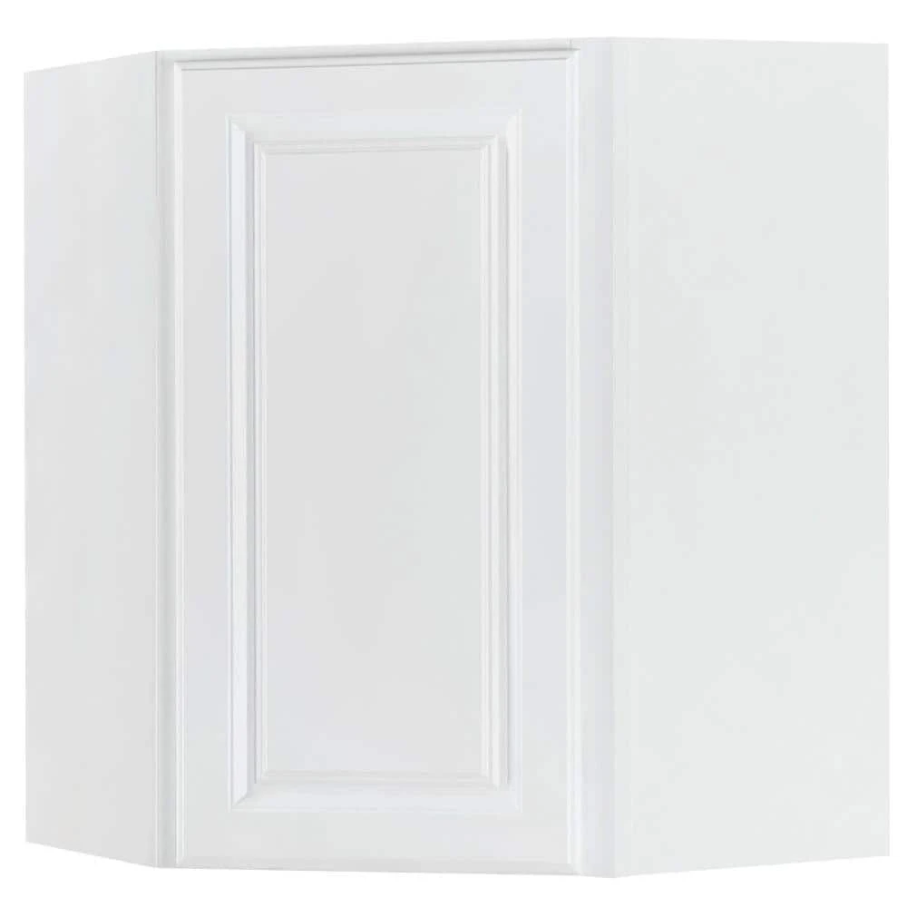 Hampton Bay Hampton Satin White Raised Panel Stock Assembled Diagonal Corner Wall Kitchen Cabinet (24 in. x 30 in. x 12 in.) 1 Hampton Bay Hampton Satin White Raised Panel Stock Assembled Diagonal Corner Wall Kitchen Cabinet (24 in. x 30 in. x 12 in.)