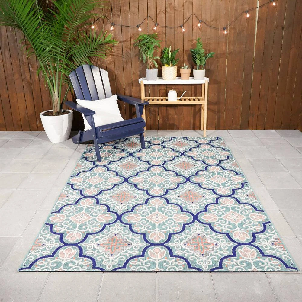 Hampton Bay Star Moroccan Teal/Coral 9 ft. x 12 ft. Floral Indoor/Outdoor Area Rug 9 Hampton Bay Star Moroccan Teal/Coral 9 ft. x 12 ft. Floral Indoor/Outdoor Area Rug - Image 9