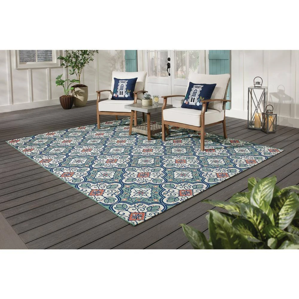 Hampton Bay Star Moroccan Teal/Coral 9 ft. x 12 ft. Floral Indoor/Outdoor Area Rug 2 Hampton Bay Star Moroccan Teal/Coral 9 ft. x 12 ft. Floral Indoor/Outdoor Area Rug - Image 2