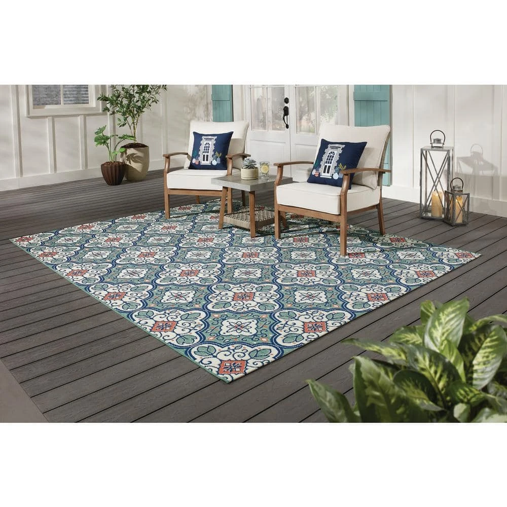 Hampton Bay Star Moroccan 8 ft. x 10 ft. Teal/White Indoor/Outdoor Area Rug 2 Hampton Bay Star Moroccan 8 ft. x 10 ft. Teal/White Indoor/Outdoor Area Rug - Image 2