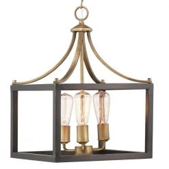 Hampton Bay Boswell Quarter 14 in. 3-Light Vintage Brass Farmhouse Square Chandelier with Painted Black Distressed Wood Accents