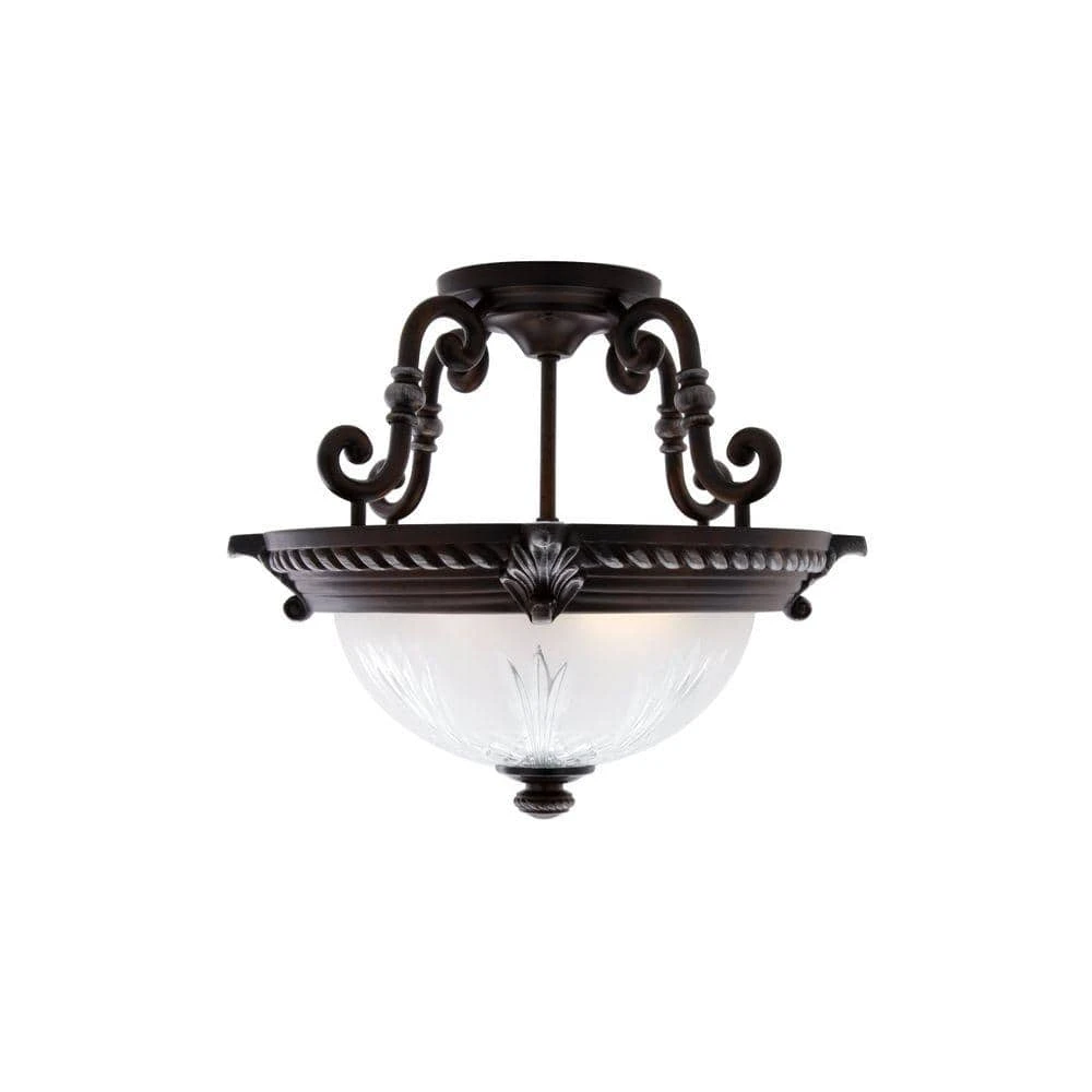 Hampton Bay Bercello Estates 15 in. 2-Light Volterra Bronze Semi-Flush Mount with Etched Glass Shade 1 Hampton Bay Bercello Estates 15 in. 2-Light Volterra Bronze Semi-Flush Mount with Etched Glass Shade