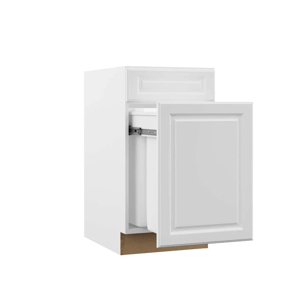 Hampton Bay Designer Series Elgin Assembled 18x34.5x23.75 in. Dual Pull Out Trash Can Base Kitchen Cabinet in White 1 Hampton Bay Designer Series Elgin Assembled 18x34.5x23.75 in. Dual Pull Out Trash Can Base Kitchen Cabinet in White