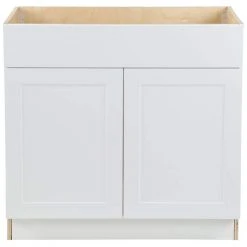 Hampton Bay Cambridge White Plywood Shaker Assembled Sink Base Cabinet with False Drawer Front & Soft Close Doors (36x34.5x24.5 in.)
